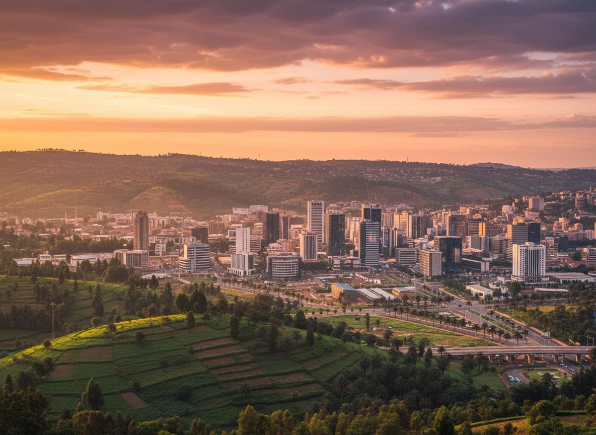Kigali, Rwanda at sunset — the central business district with the surrounding hills